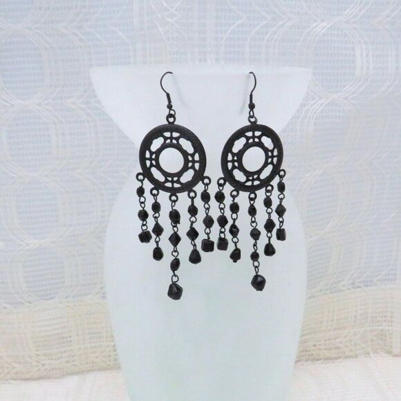 Black Round Chandelier Earrings with 5 Dangles Women Boho Gypsy Style - Picture 1 of 8